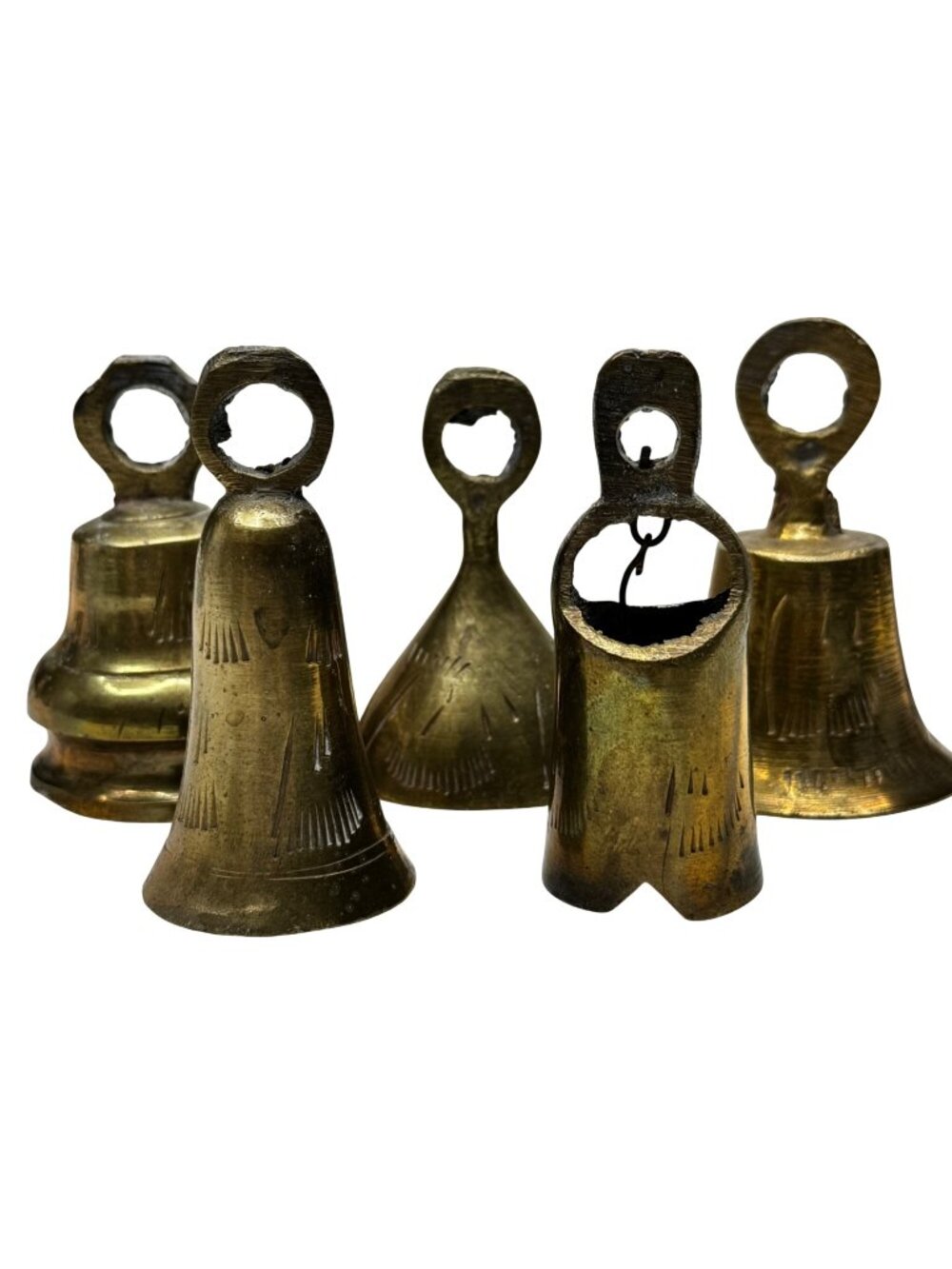 Set Of 5 Vintage Handcrafted Brass Bells Rustic Finish Farmhouse Made In India